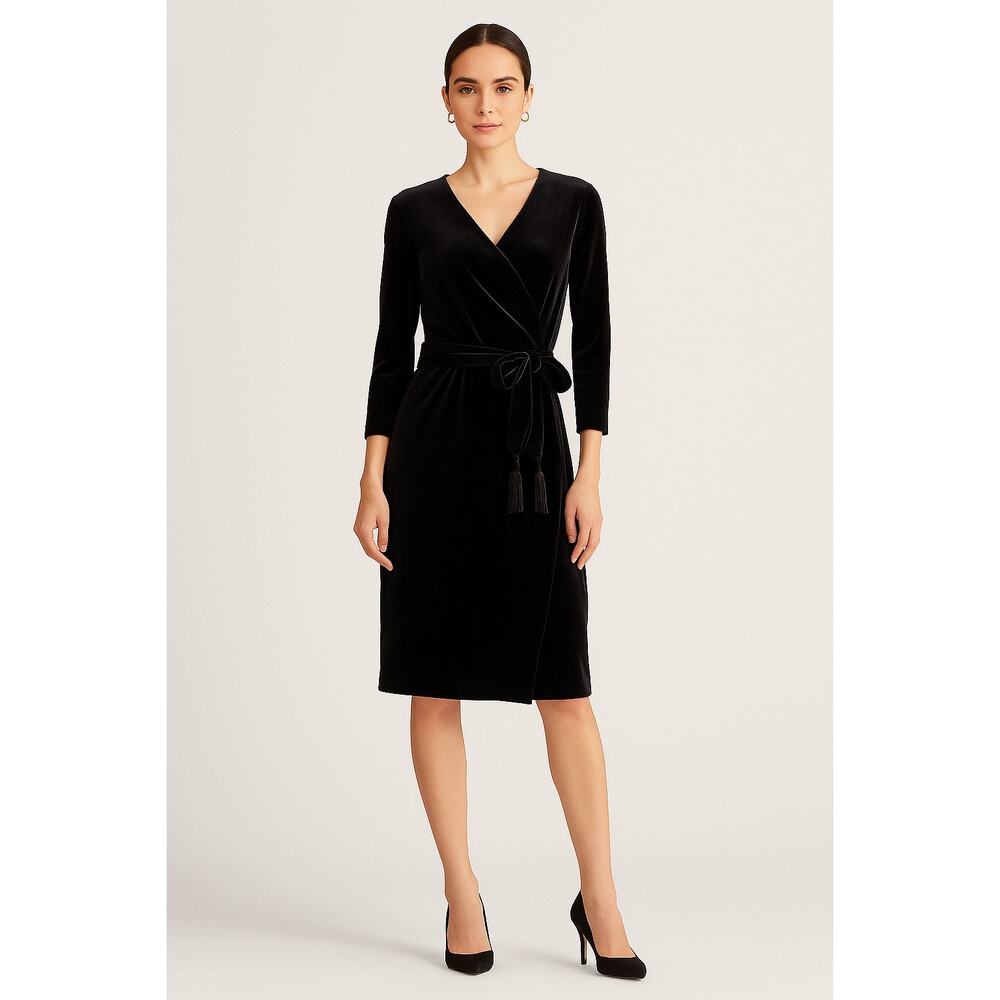 Lauren by Ralph Lauren Velvet Style Midi Little Black Dress Long Sleeve Bow Tie